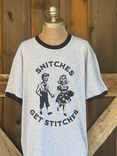 Snitches Get Stitches Ringer Tee- Grey/ Black